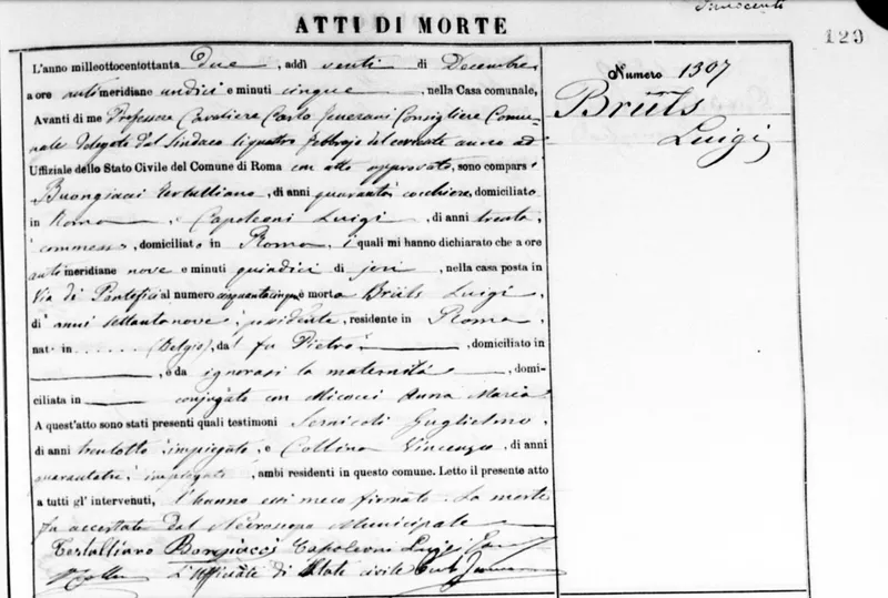 Certificato di morte di Luigi Brüls, Roma, 1882